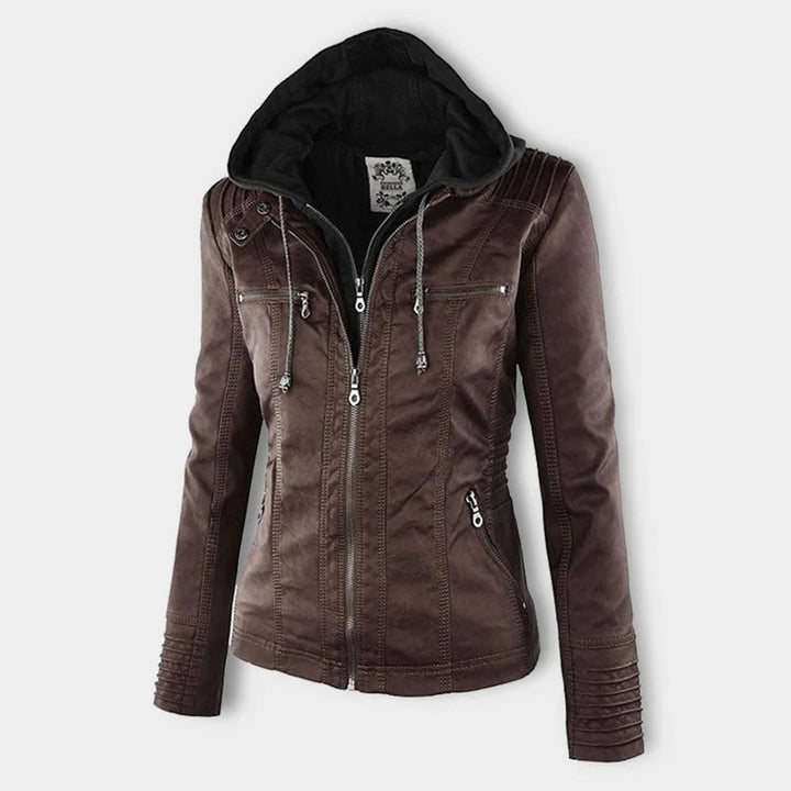 Damen Kunstleder Kapuzenjacke mit Reißverschluss Taillierter Women Coat