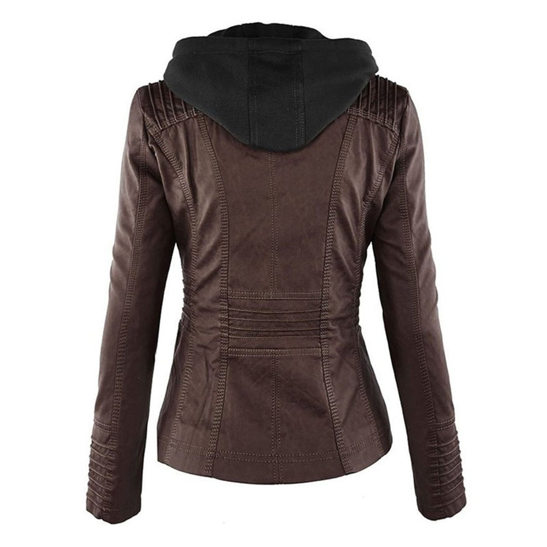 Damen Kunstleder Kapuzenjacke mit Reißverschluss Taillierter Women Coat