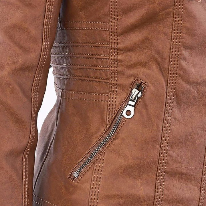Damen Kunstleder Kapuzenjacke mit Reißverschluss Taillierter Women Coat