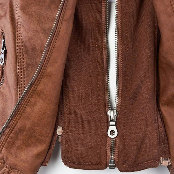 Damen Kunstleder Kapuzenjacke mit Reißverschluss Taillierter Women Coat