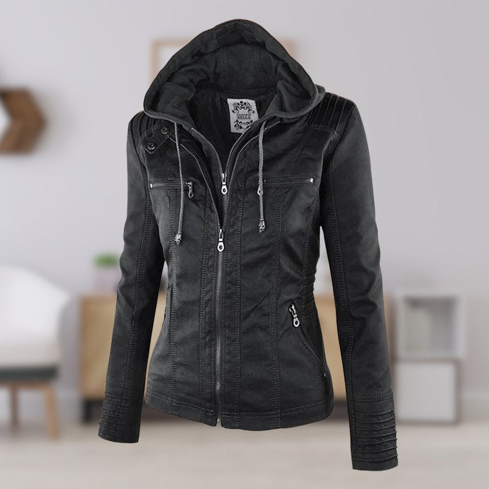 Damen Kunstleder Kapuzenjacke mit Reißverschluss Taillierter Women Coat - Schwarz