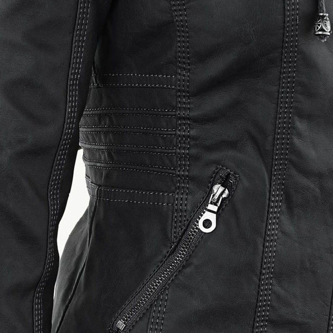 Damen Kunstleder Kapuzenjacke mit Reißverschluss Taillierter Women Coat