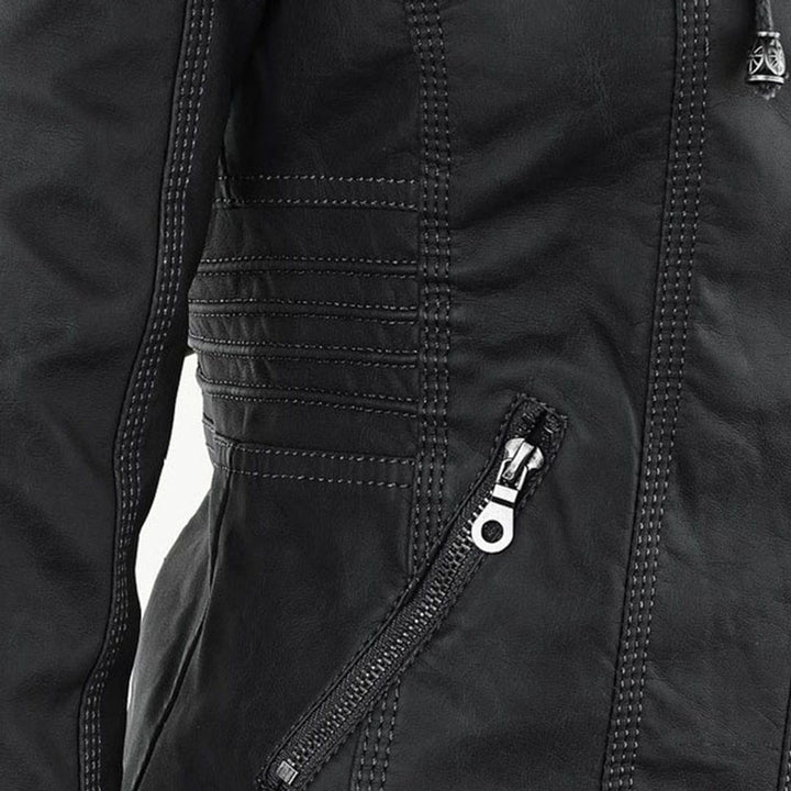 Damen Kunstleder Kapuzenjacke mit Reißverschluss Taillierter Women Coat