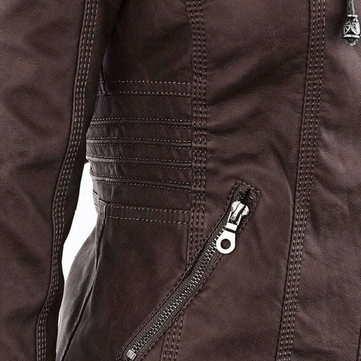 Damen Kunstleder Kapuzenjacke mit Reißverschluss Taillierter Women Coat
