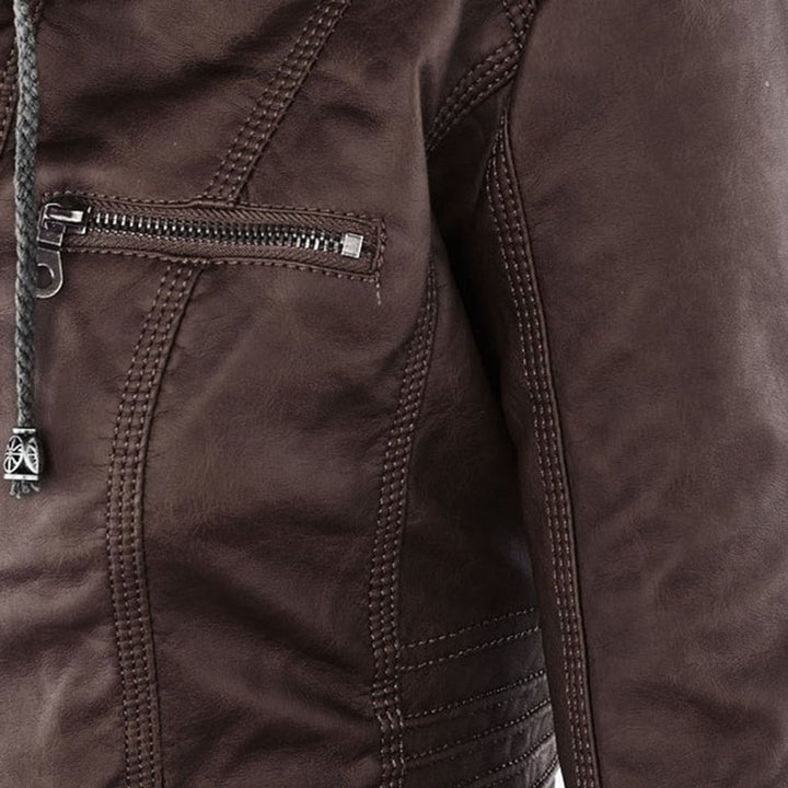 Damen Kunstleder Kapuzenjacke mit Reißverschluss Taillierter Women Coat