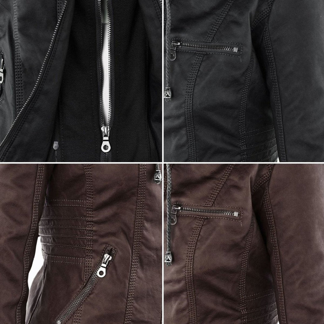 Damen Kunstleder Kapuzenjacke mit Reißverschluss Taillierter Women Coat