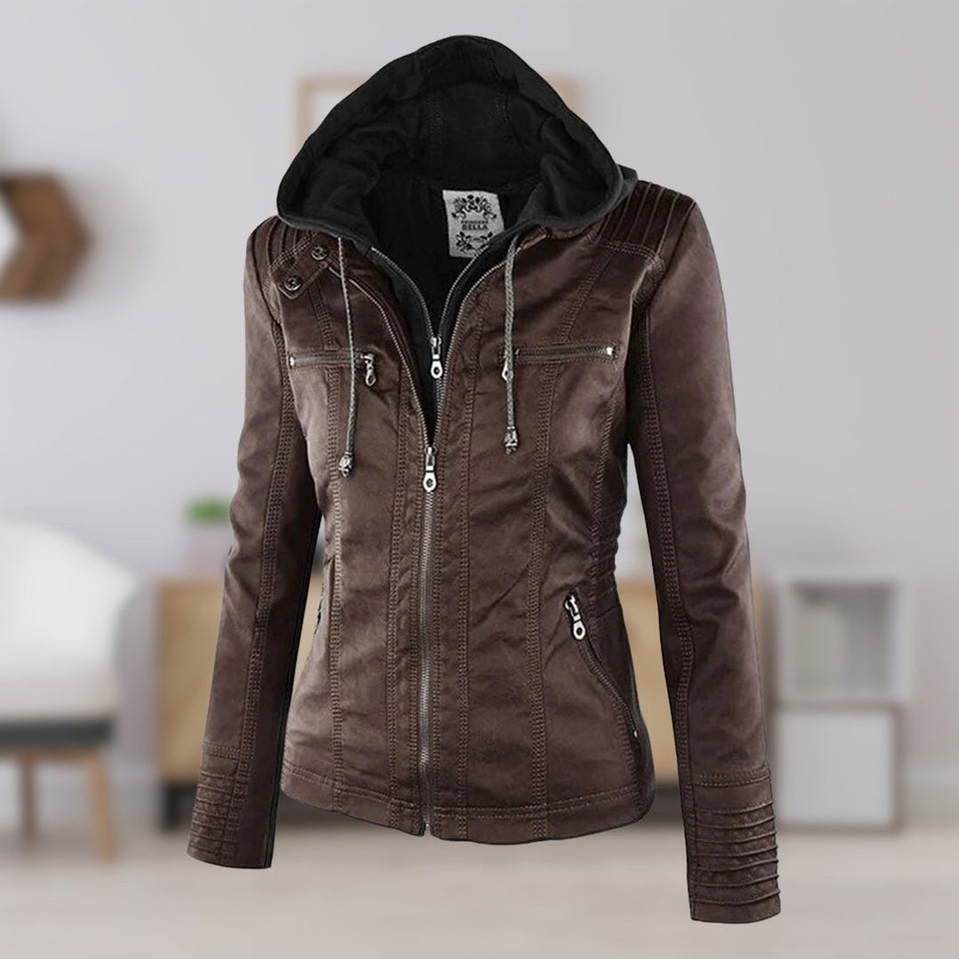 Damen Kunstleder Kapuzenjacke mit Reißverschluss Taillierter Women Coat - Braun