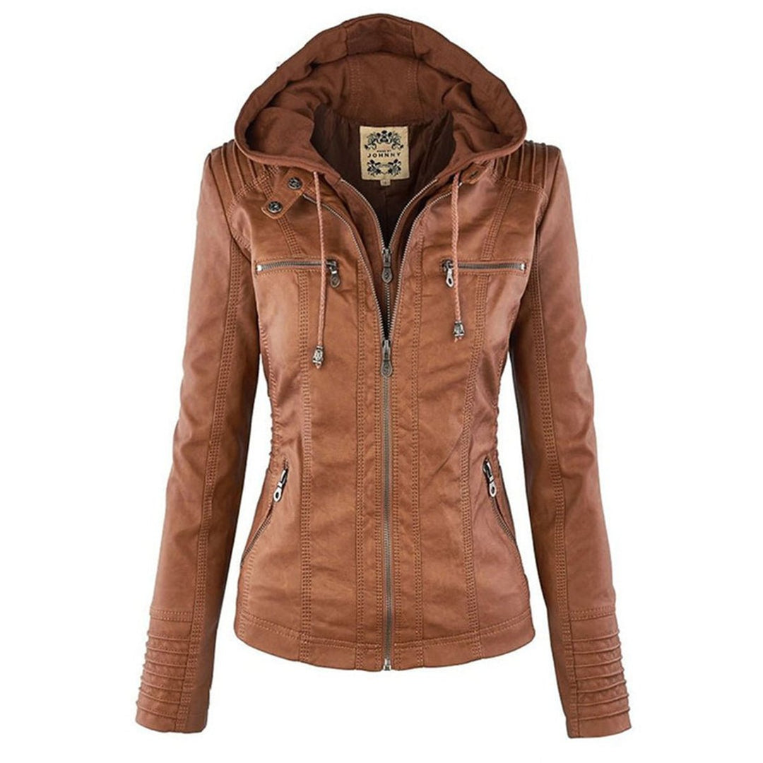 Damen Kunstleder Kapuzenjacke mit Reißverschluss Taillierter Women Coat