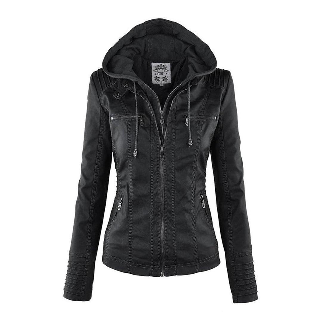 Damen Kunstleder Kapuzenjacke mit Reißverschluss Taillierter Women Coat