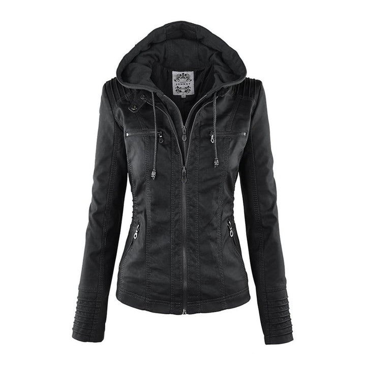 Damen Kunstleder Kapuzenjacke mit Reißverschluss Taillierter Women Coat