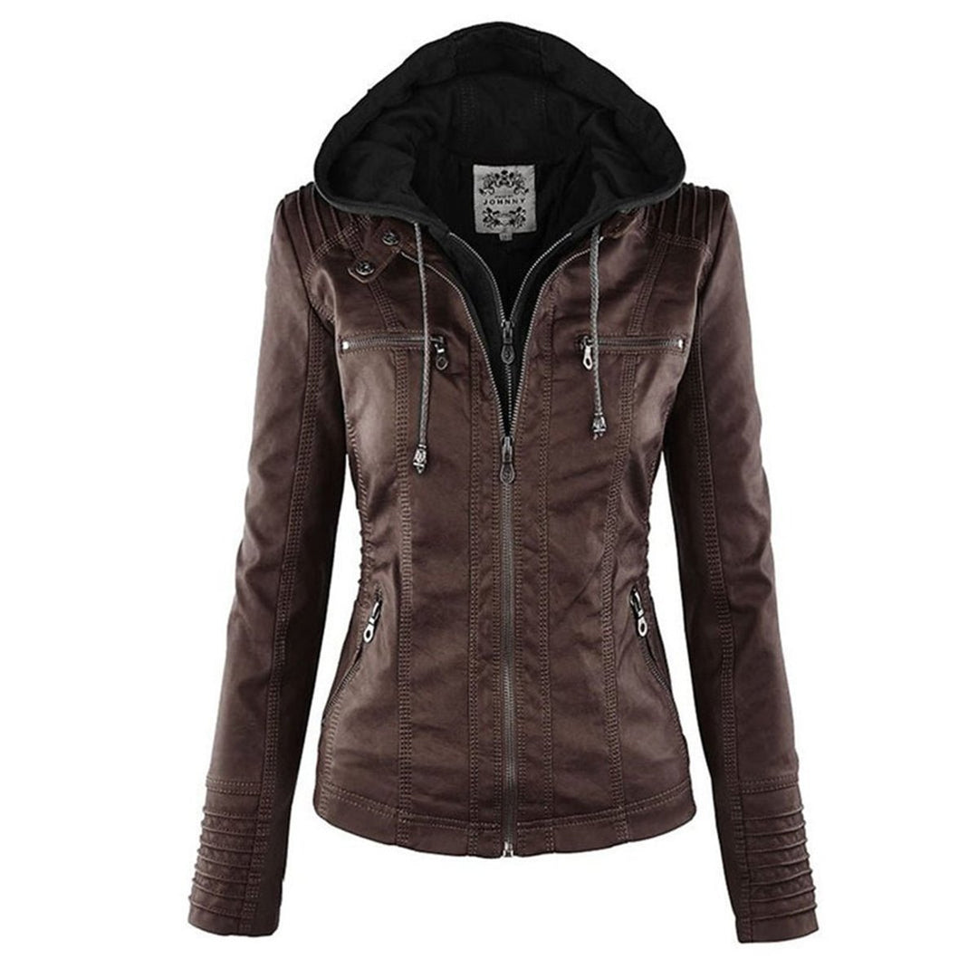 Damen Kunstleder Kapuzenjacke mit Reißverschluss Taillierter Women Coat