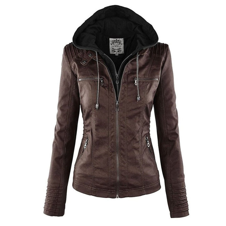 Damen Kunstleder Kapuzenjacke mit Reißverschluss Taillierter Women Coat