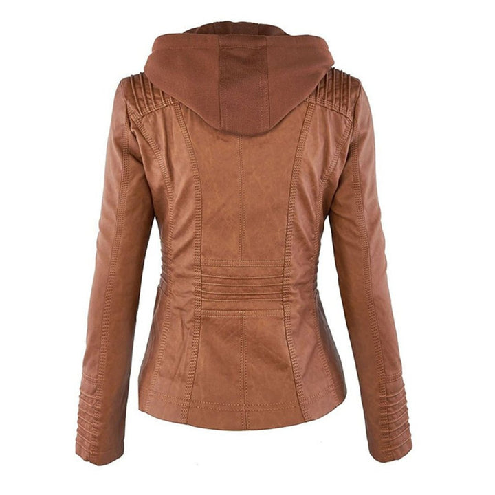 Damen Kunstleder Kapuzenjacke mit Reißverschluss Taillierter Women Coat