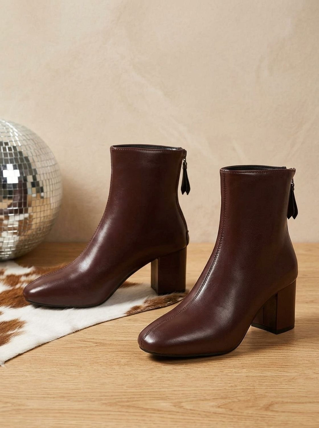 Damen Kunstleder-Stiefeletten mit Blockabsatz und Reißverschluss - Braun