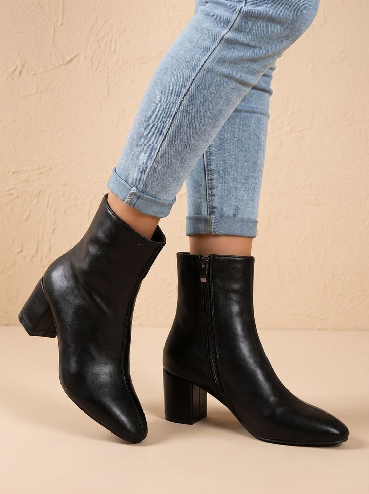 Damen Kunstleder Stiefeletten mit Blockabsatz und Seitlichem Reißverschluss - Schwarz