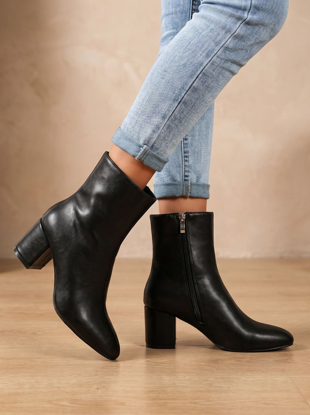 Damen Kunstleder Stiefeletten mit Blockabsatz und Seitlichem Reißverschluss