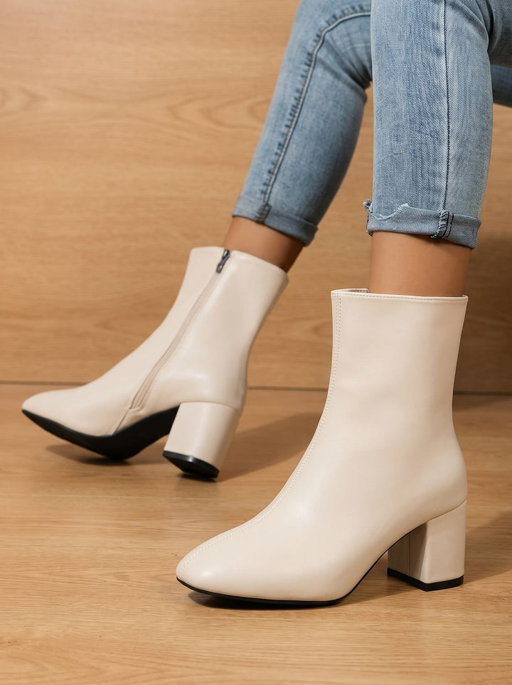 Damen Kunstleder Stiefeletten mit Blockabsatz und Seitlichem Reißverschluss