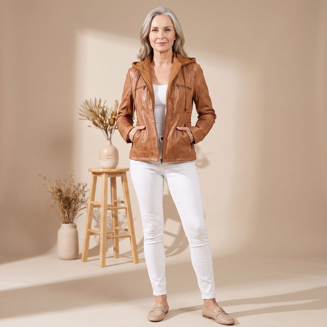 Damen Kunstlederjacke mit Kapuze Reißverschluss tailliert