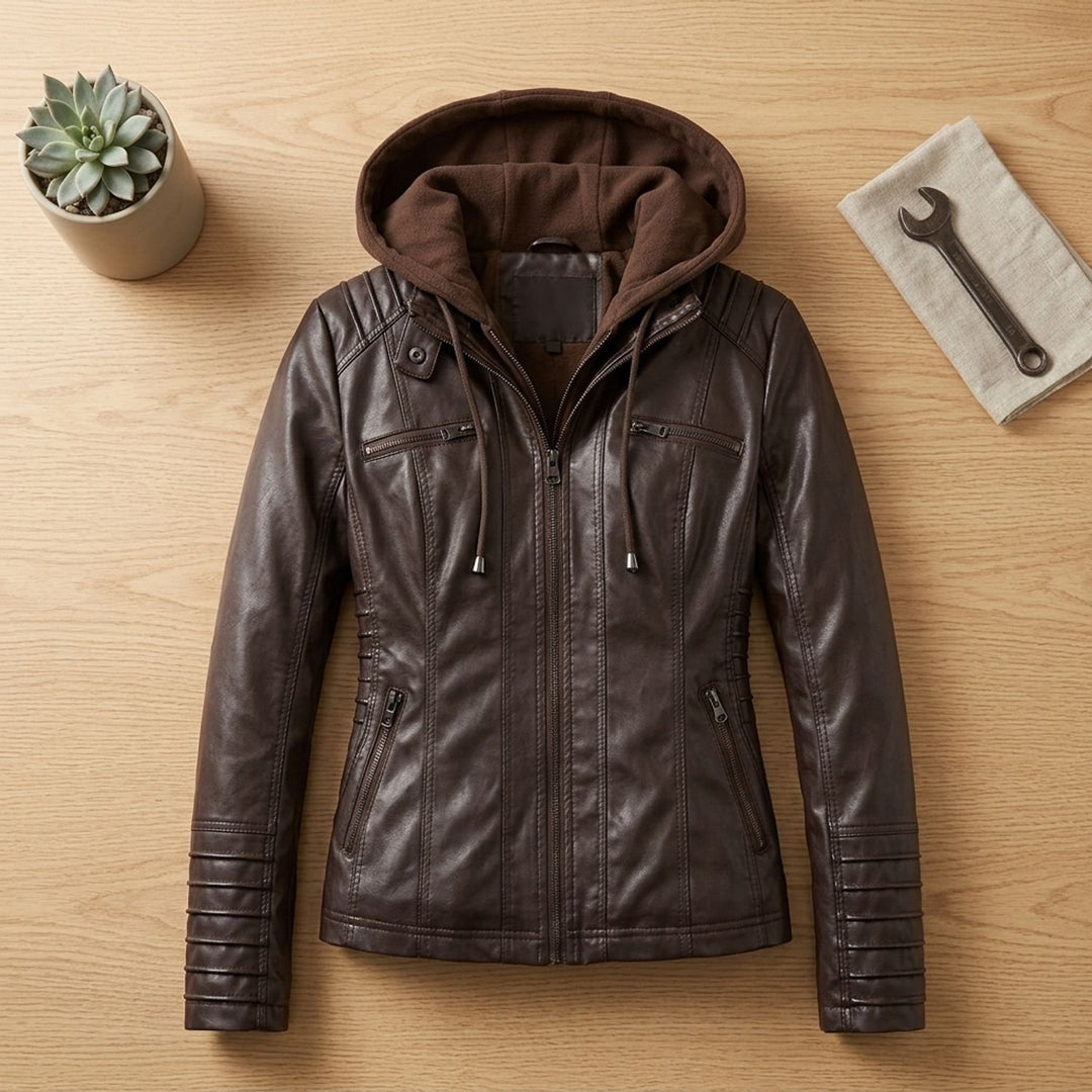 Damen Kunstlederjacke mit Kapuze Reißverschluss tailliert - Kaffee