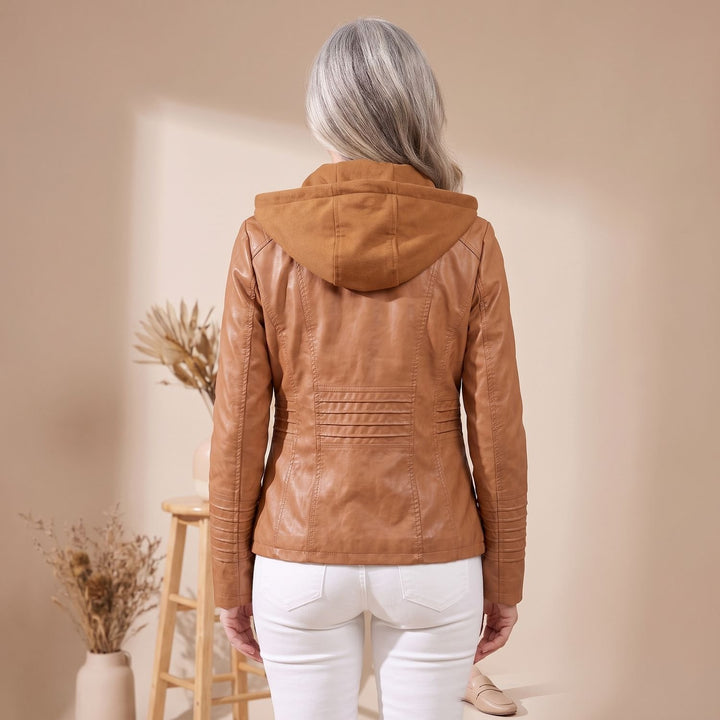 Damen Kunstlederjacke mit Kapuze Reißverschluss tailliert