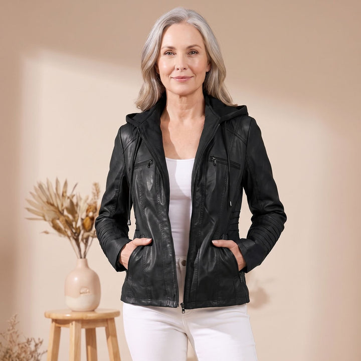Damen Kunstlederjacke mit Kapuze Reißverschluss tailliert