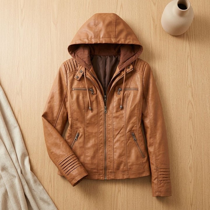 Damen Kunstlederjacke mit Kapuze Reißverschluss tailliert