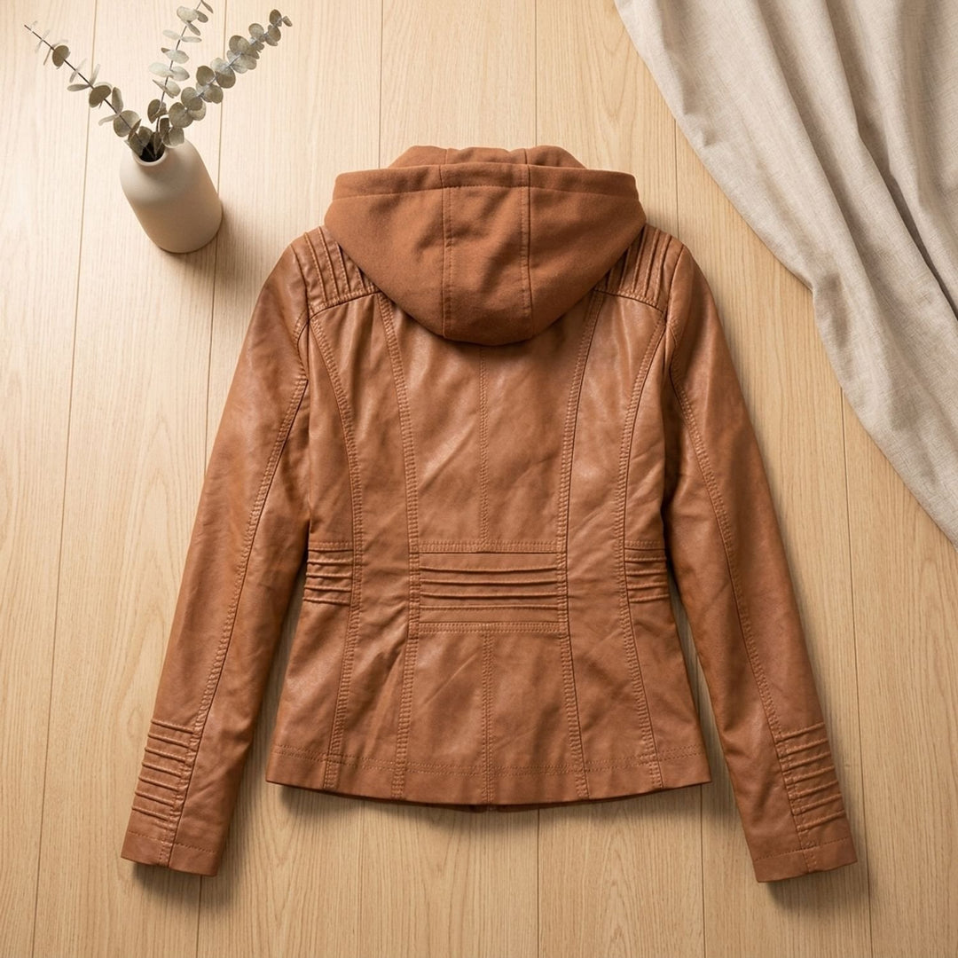 Damen Kunstlederjacke mit Kapuze Reißverschluss tailliert