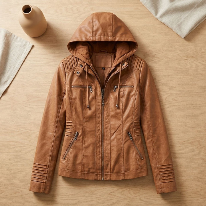 Damen Kunstlederjacke mit Kapuze Reißverschluss tailliert - Braun
