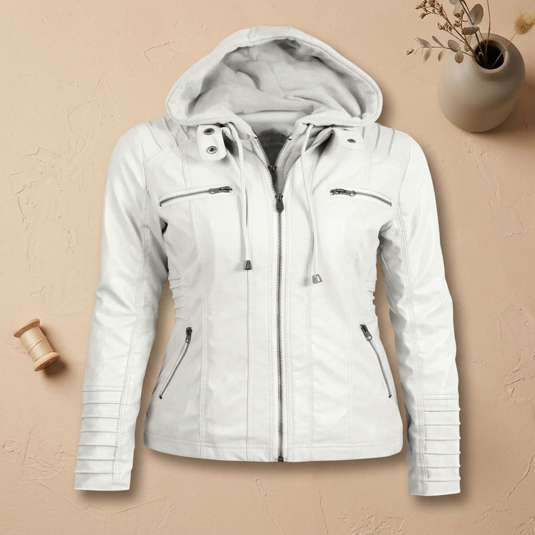 Damen Kunstlederjacke mit Kapuze Reißverschluss tailliert - Weiß