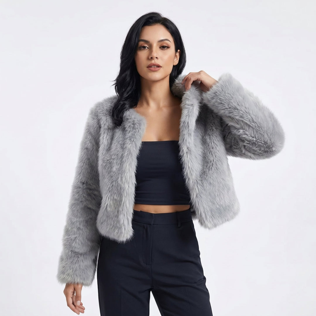 Damen Kurz Kunstpelz Cardigan Jacke - Grey