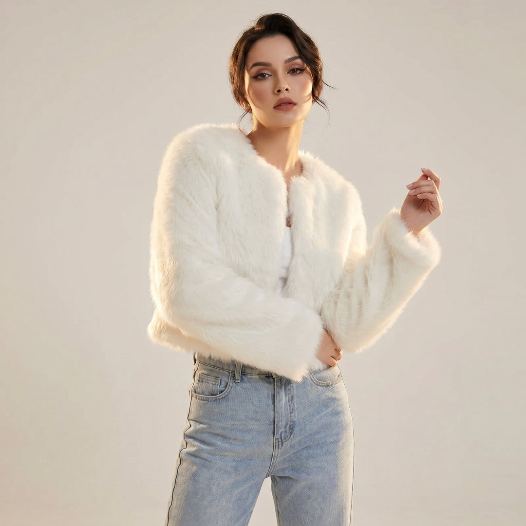 Damen Kurz Kunstpelz Cardigan Jacke - White