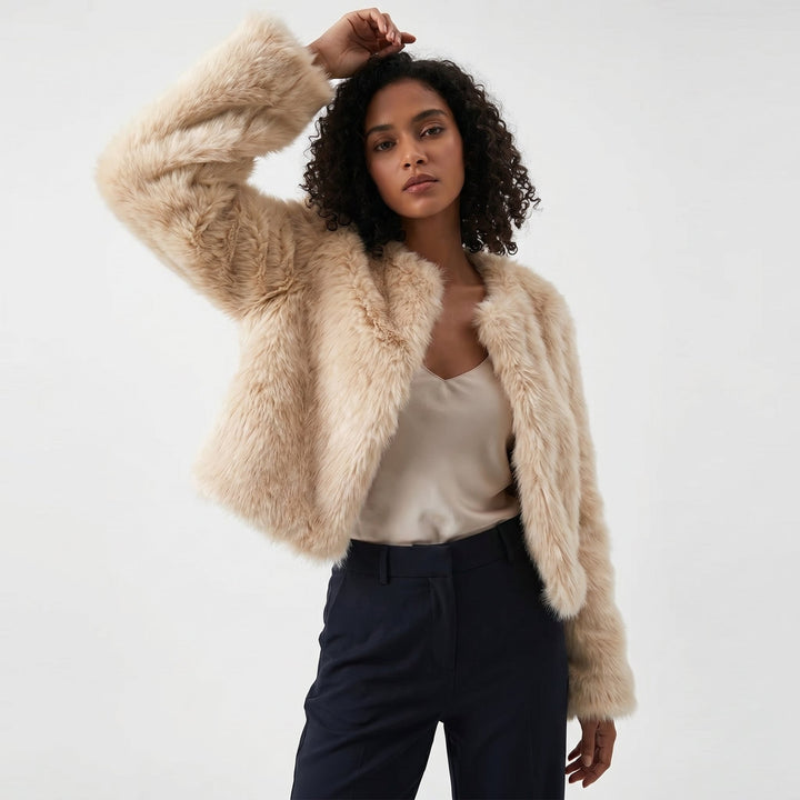 Damen Kurz Kunstpelz Cardigan Jacke - Apricot