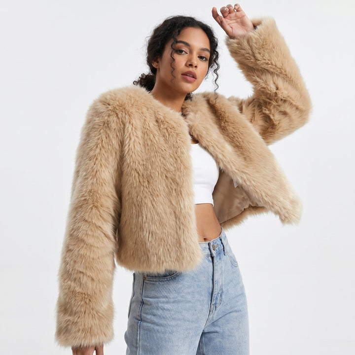 Damen Kurz Kunstpelz Cardigan Jacke - Pale Curry