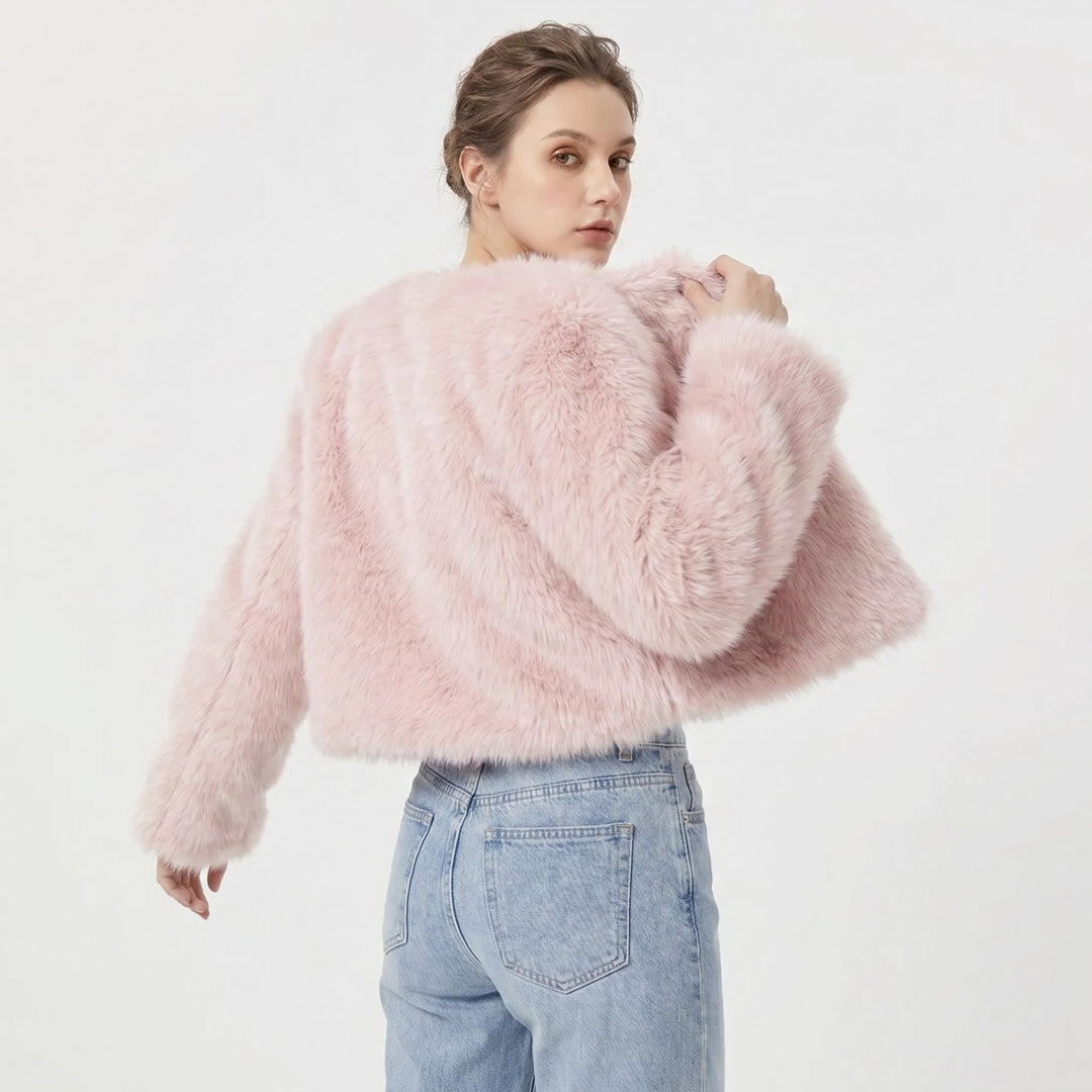 Damen Kurz Kunstpelz Cardigan Jacke - Pink