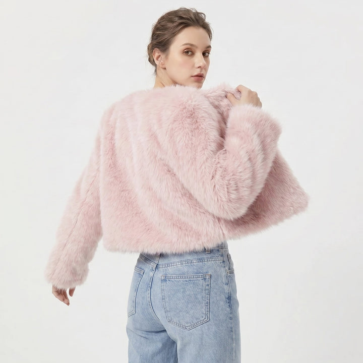 Damen Kurz Kunstpelz Cardigan Jacke - Pink