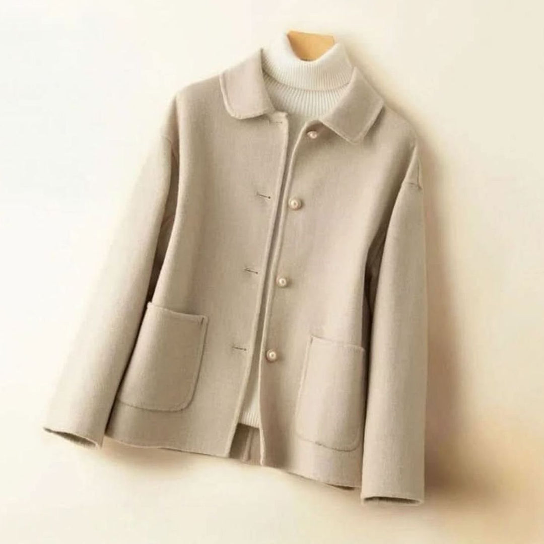 Damen Kurz-Mantel Kaschmir Doll-Kragen Knopfverschluss - Beige