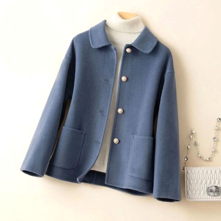 Damen Kurz-Mantel Kaschmir Doll-Kragen Knopfverschluss - Blau