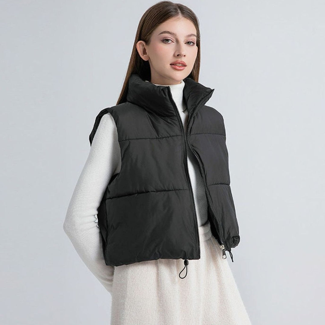 Damen Kurz-Steppweste Bodywarmer mit Stehkragen Zwei-Wege-Reißverschluss - Schwarz