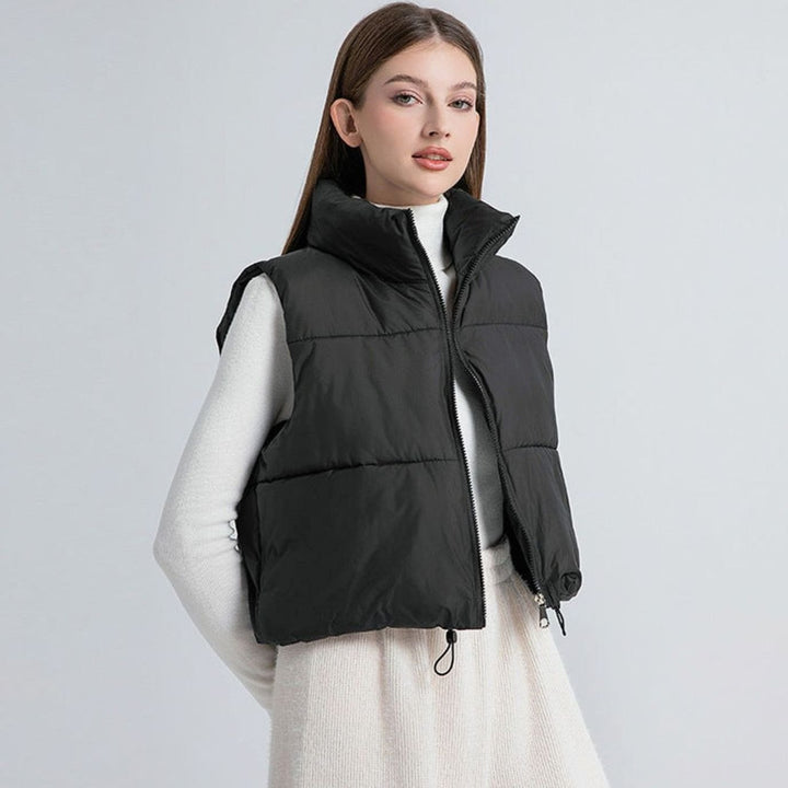 Damen Kurz-Steppweste Bodywarmer mit Stehkragen Zwei-Wege-Reißverschluss - Schwarz