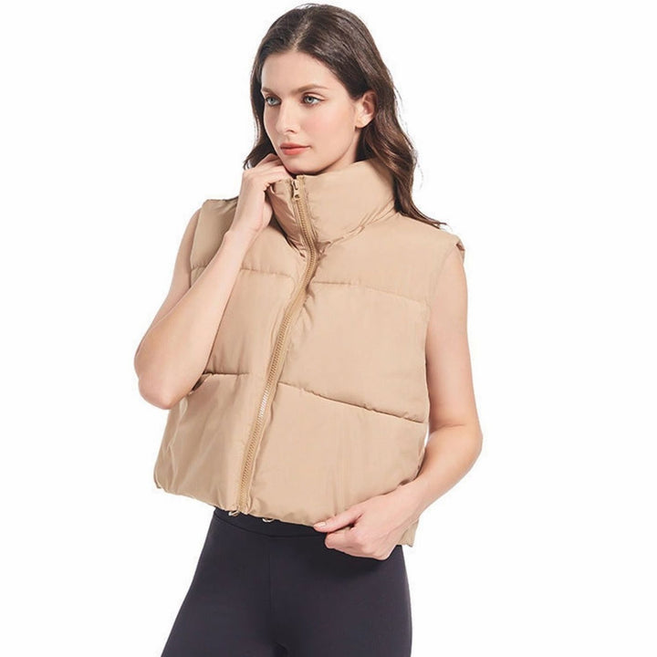 Damen Kurz-Steppweste Bodywarmer mit Stehkragen Zwei-Wege-Reißverschluss - Khaki