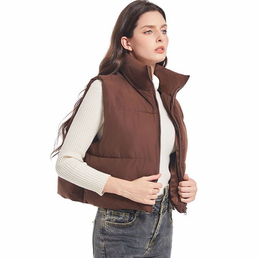Damen Kurz-Steppweste Bodywarmer mit Stehkragen Zwei-Wege-Reißverschluss - Kaffee