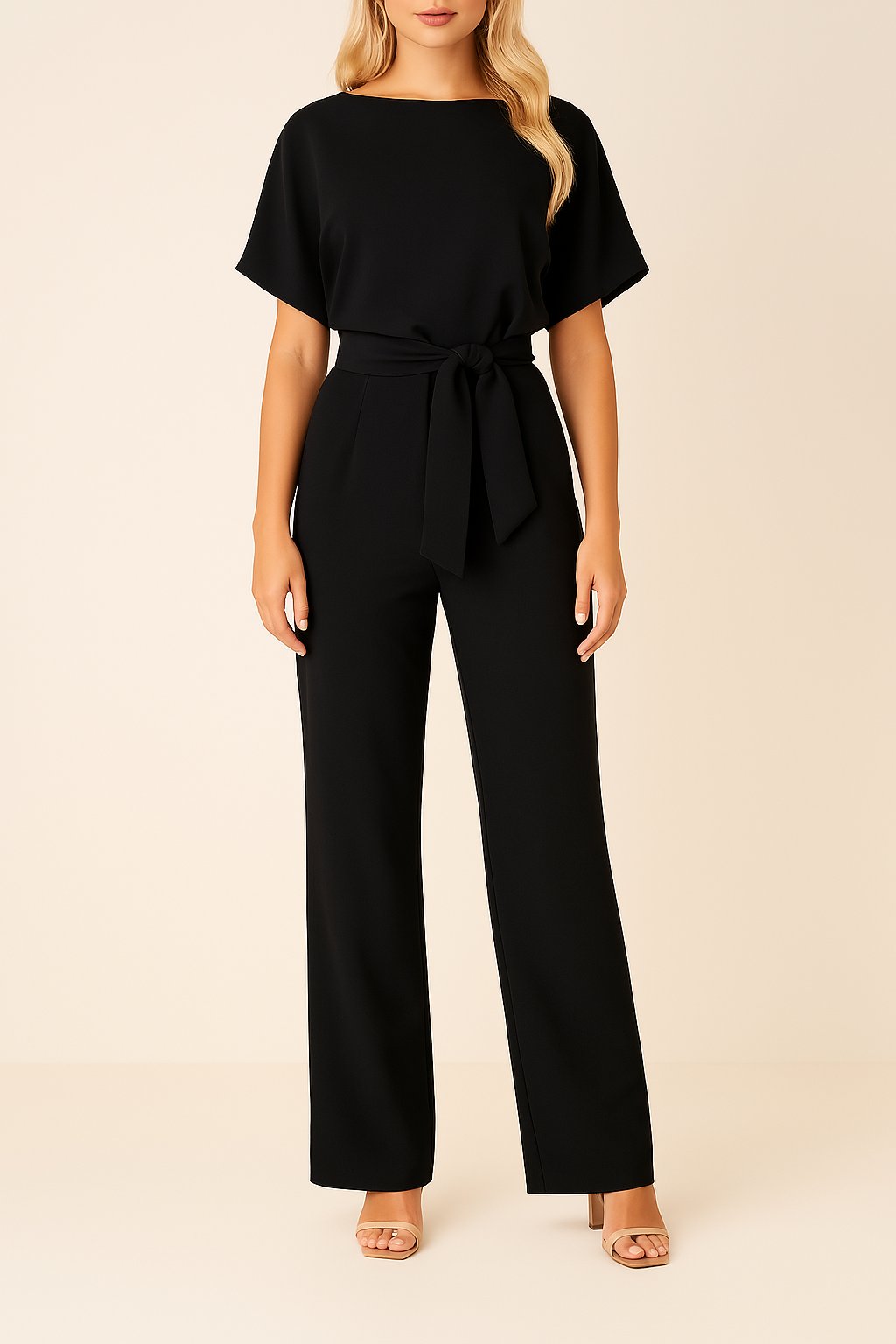 Damen Kurzarm Bindegürtel Weites-Bein Jumpsuit - Schwarz