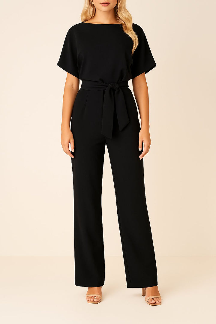 Damen Kurzarm Bindegürtel Weites-Bein Jumpsuit - Schwarz