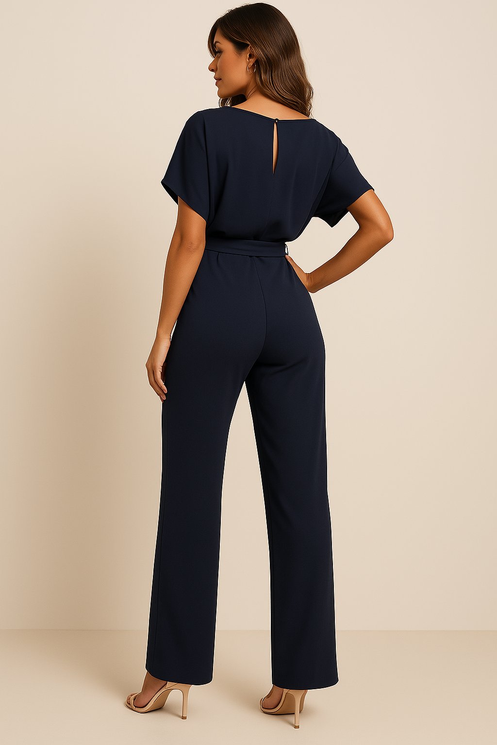 Damen Kurzarm Bindegürtel Weites-Bein Jumpsuit