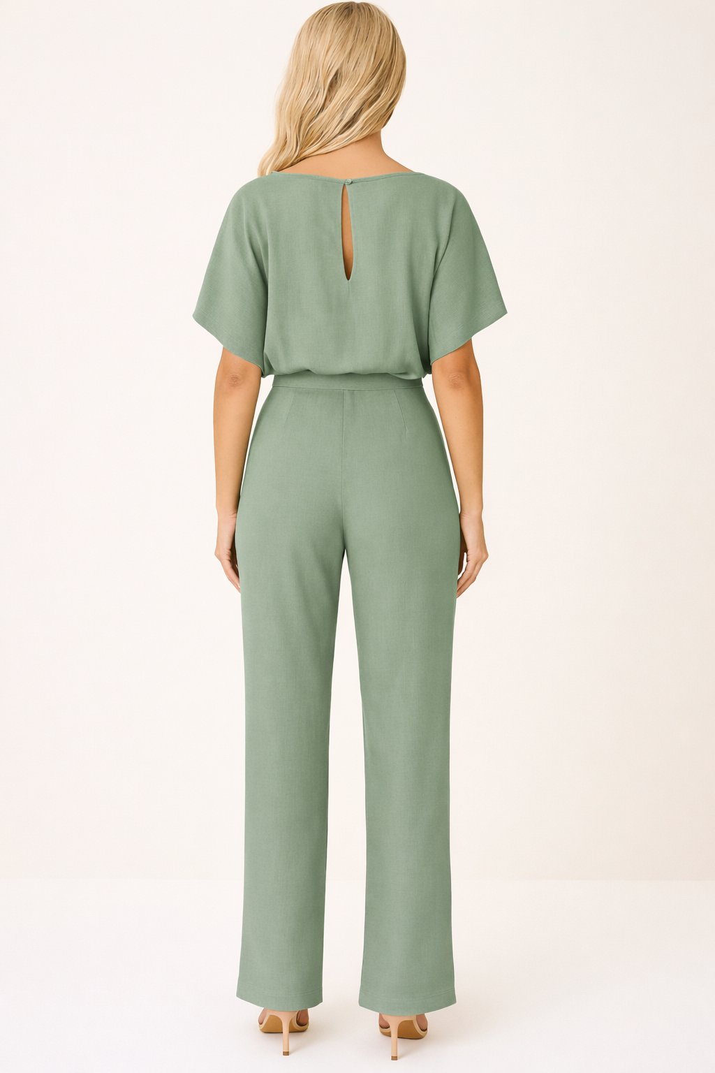Damen Kurzarm Bindegürtel Weites-Bein Jumpsuit