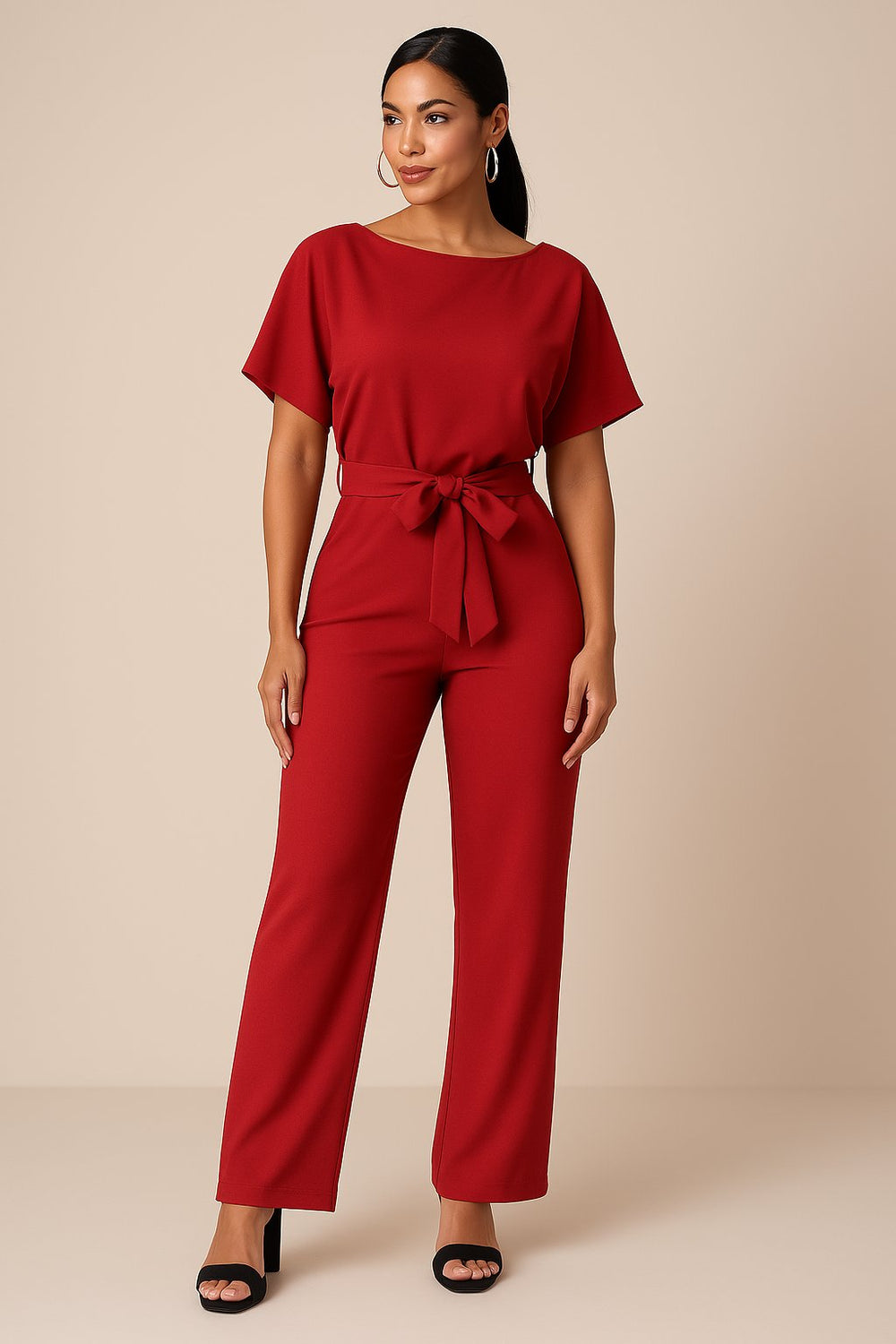 Damen Kurzarm Bindegürtel Weites-Bein Jumpsuit - Rot