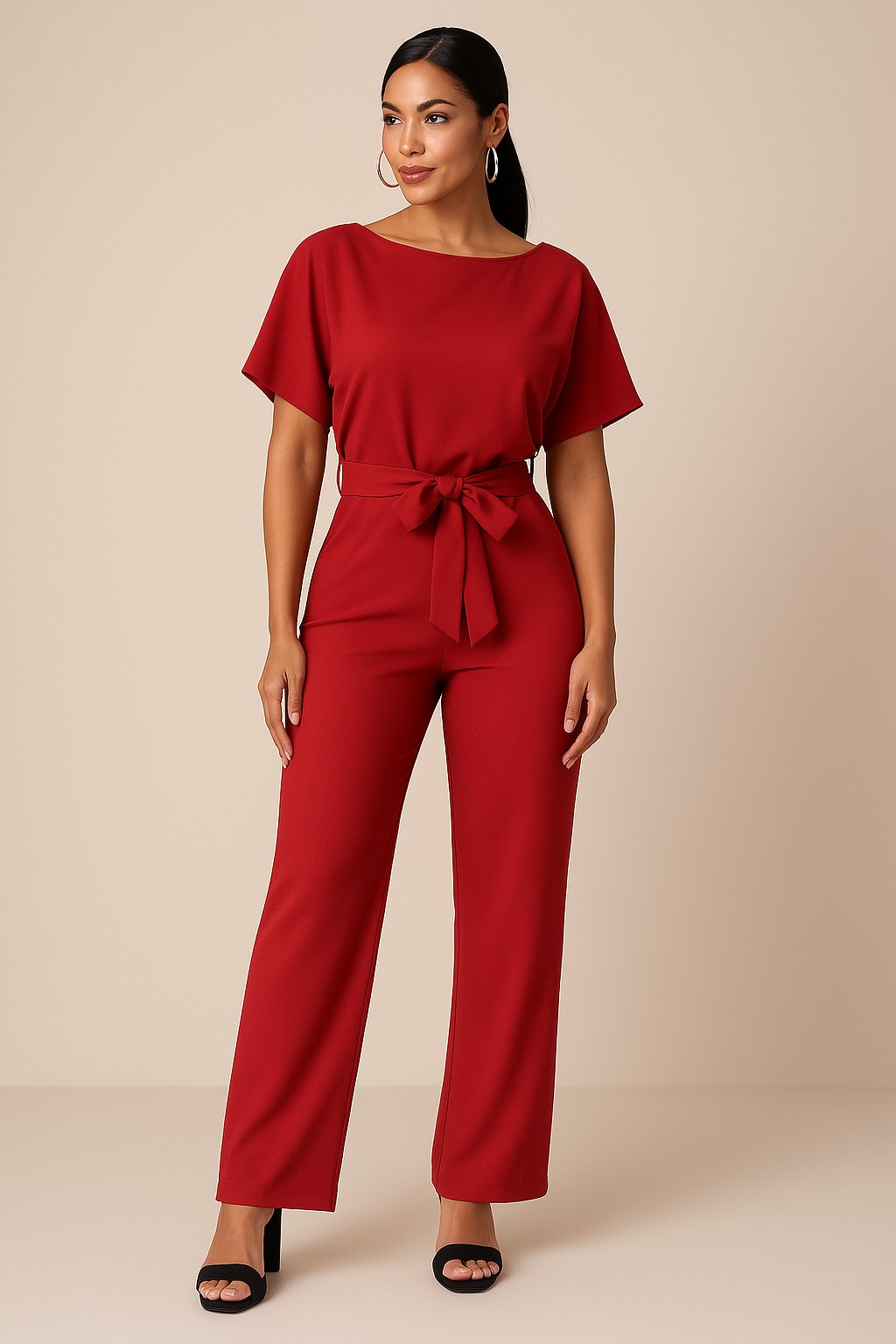 Damen Kurzarm Bindegürtel Weites-Bein Jumpsuit - Rot