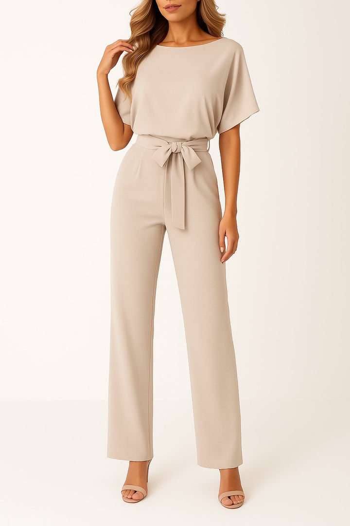 Damen Kurzarm Bindegürtel Weites-Bein Jumpsuit - Beige