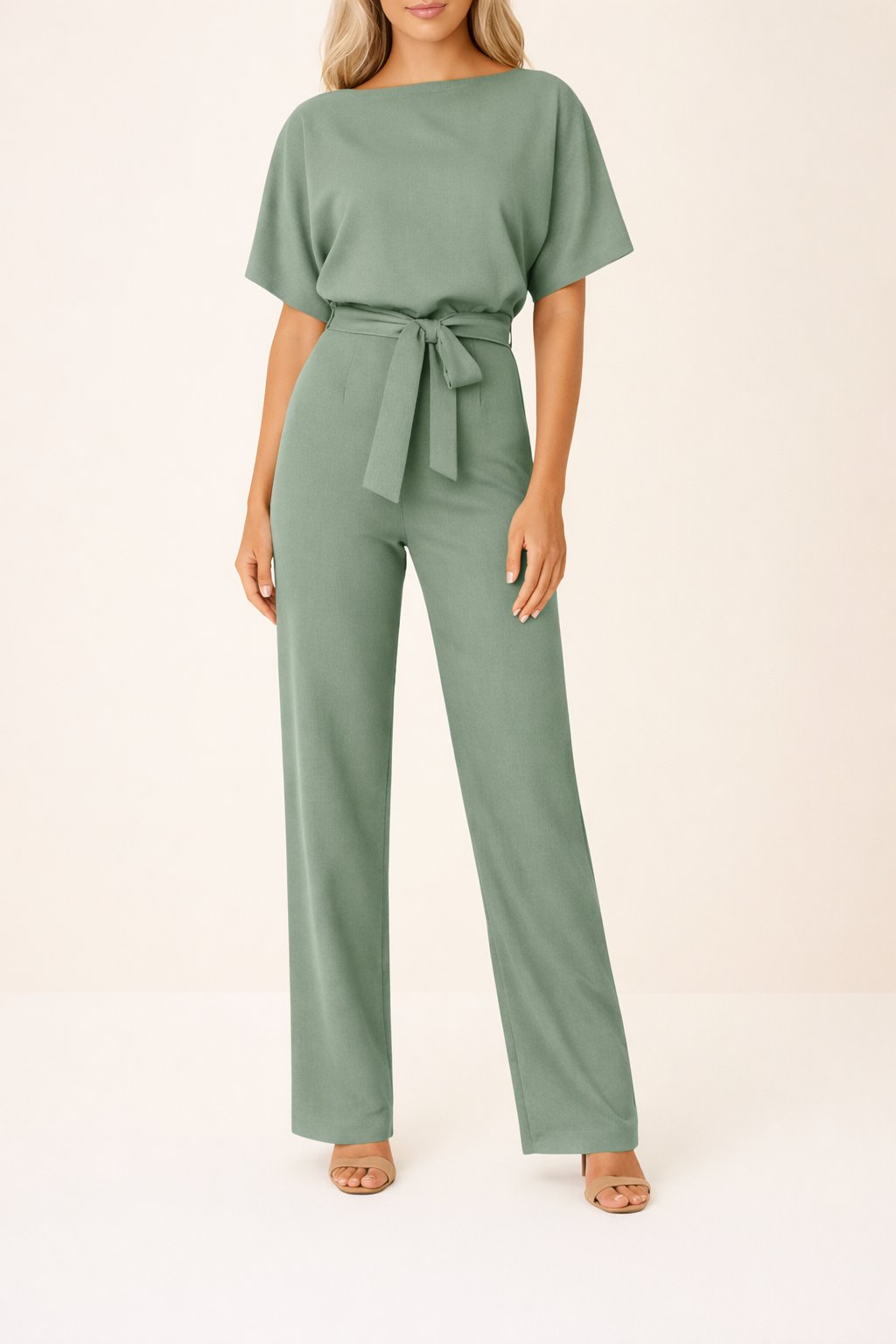 Damen Kurzarm Bindegürtel Weites-Bein Jumpsuit - Grün