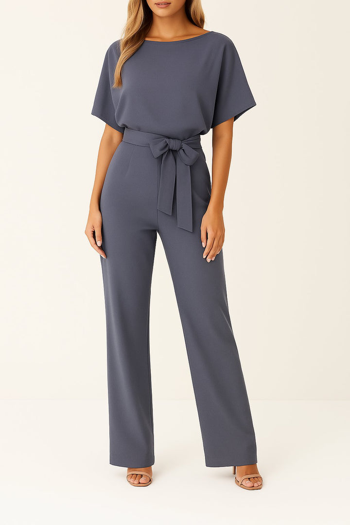 Damen Kurzarm Bindegürtel Weites-Bein Jumpsuit - Grau